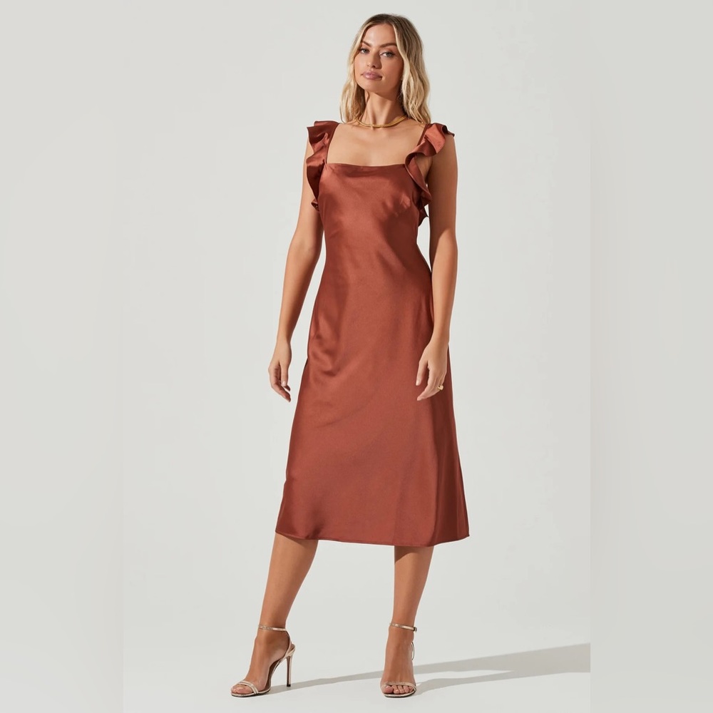 NWT Rina Ruffle Strap Satin Midi Dress- Copper Brown